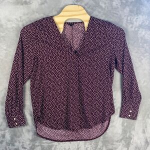 ANN TAYLOR Womens Burgundy White Geometric Print V Neck Long Sleeve Blouse Top L
